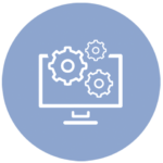 blue icon with computer screen and gears