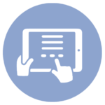 blue icon with hands holding and interacting with touch pad